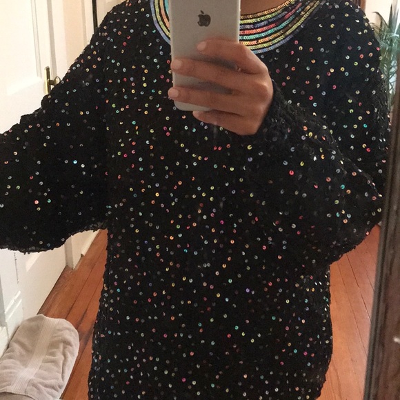 Vintage Saks Fifth Avenue Dress Sequins Rainbow Black Beaded Ruched Mini - Picture 14 of 14